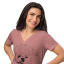 front heather mauve Women’s V-neck Playful Pup tee featuring a Shih-poo (Shih Tzu Poodle mix) with her tongue sticking out