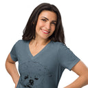 front heather slate Women’s V-neck Playful Pup tee featuring a Shih-poo (Shih Tzu Poodle mix) with her tongue sticking out