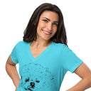 front turquoise Women’s V-neck Playful Pup tee featuring a Shih-poo (Shih Tzu Poodle mix) with her tongue sticking out