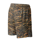 Right back view of ghost model in unisex mesh shorts with breathable mesh and all-over Cliffs of Moher rock-layer pattern (Nature’s Pattern)