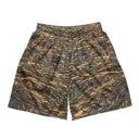 Flat view of unisex mesh shorts with breathable mesh and all-over Cliffs of Moher rock-layer pattern (Nature’s Pattern)