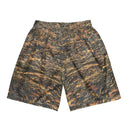 Flat view of unisex mesh shorts with breathable mesh and all-over Cliffs of Moher rock-layer pattern (Nature’s Pattern)