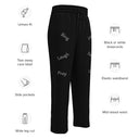 Features view of  ghost model in black unisex wide-leg joggers with tonal words ‘Sing, Dance, Pray, Laugh, Love, LIVE’ scattered across legs