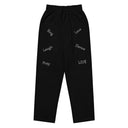 Front flat view of black unisex wide-leg joggers with tonal words ‘Sing, Dance, Pray, Laugh, Love, LIVE’ scattered across legs