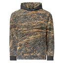 Front view of ghost model in pullover hoodie with all-over Cliffs of Moher rock-layer pattern, kangaroo pocket, drawcord hood 