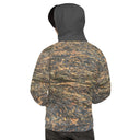 Back view of male model in pullover hoodie with all-over Cliffs of Moher rock-layer pattern, kangaroo pocket, drawcord hood by Images On Me. Hoodie pulled up.