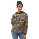 Front view of female model in pullover hoodie with all-over Cliffs of Moher rock-layer pattern, kangaroo pocket, drawcord hood by Images On Me.