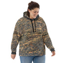 Front view of female model in larger size pullover hoodie with all-over Cliffs of Moher rock-layer pattern, kangaroo pocket, drawcord hood b