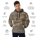 Front view of male model in pullover hoodie with all-over Cliffs of Moher rock-layer pattern, kangaroo pocket, drawcord hood 
