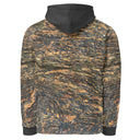 Back view of ghost model in pullover hoodie with all-over Cliffs of Moher rock-layer pattern, kangaroo pocket, drawcord hood 