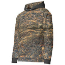 Left front view of ghost model in pullover hoodie with all-over Cliffs of Moher rock-layer pattern, kangaroo pocket, drawcord hood