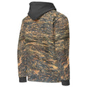 Right back view of ghost model in pullover hoodie with all-over Cliffs of Moher rock-layer pattern, kangaroo pocket, drawcord hood 