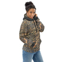 Right front  view of female model in pullover hoodie with all-over Cliffs of Moher rock-layer pattern, kangaroo pocket, drawcord hood 