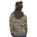 Back view of female model in pullover hoodie with all-over Cliffs of Moher rock-layer pattern, kangaroo pocket, drawcord hood 