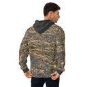 Back view of male model in pullover hoodie with all-over Cliffs of Moher rock-layer pattern, kangaroo pocket, drawcord hood 