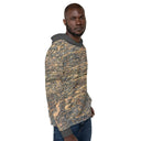 Right side view of male model in pullover hoodie with all-over Cliffs of Moher rock-layer pattern, kangaroo pocket, drawcord hood 