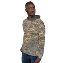 Left front view of male model in pullover hoodie with all-over Cliffs of Moher rock-layer pattern, kangaroo pocket, drawcord hood 