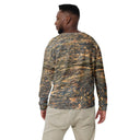 Back view of male model in pullover sweatshirt with all-over Cliffs of Moher rock-layer pattern; ribbed crew neck, cuffs, and hem 