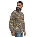 Right front view of male model in pullover sweatshirt with all-over Cliffs of Moher rock-layer pattern; ribbed crew neck, cuffs, and hem 