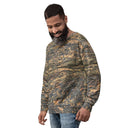 Left front view of male model in pullover sweatshirt with all-over Cliffs of Moher rock-layer pattern; ribbed crew neck, cuffs, and hem 