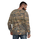 Back view of male model in pullover sweatshirt with all-over Cliffs of Moher rock-layer pattern; ribbed crew neck, cuffs, and hem 