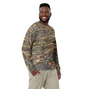 Right front view of male model in pullover sweatshirt with all-over Cliffs of Moher rock-layer pattern; ribbed crew neck, cuffs, and hem by Images On Me.