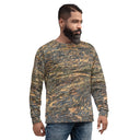 Front view of male model in pullover sweatshirt with all-over Cliffs of Moher rock-layer pattern; ribbed crew neck, cuffs, and hem by Images On Me.
