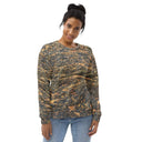 Front view of female model in pullover sweatshirt with all-over Cliffs of Moher rock-layer pattern; ribbed crew neck, cuffs, and hem by Images On Me.