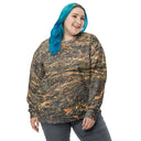 Front view of female model in larger size pullover sweatshirt with all-over Cliffs of Moher rock-layer pattern; ribbed crew neck, cuffs, and hem by Images On Me.