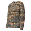 Right front view of ghost model in pullover sweatshirt with all-over Cliffs of Moher rock-layer pattern; ribbed crew neck, cuffs, and hem 