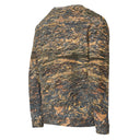 Right back view of ghost model in pullover sweatshirt with all-over Cliffs of Moher rock-layer pattern; ribbed crew neck, cuffs, and hem 