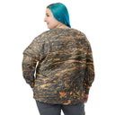Back view of female model in larger size pullover sweatshirt with all-over Cliffs of Moher rock-layer pattern; ribbed crew neck, cuffs, and hem