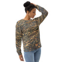Right front view of female model in pullover sweatshirt with all-over Cliffs of Moher rock-layer pattern; ribbed crew neck, cuffs, and hem 