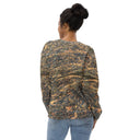 Back view of female model in pullover sweatshirt with all-over Cliffs of Moher rock-layer pattern; ribbed crew neck, cuffs, and hem 