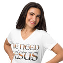 model wearing Women’s We Need Jesus Sunset V-neck tee with lettering filled with a Mount Dora Florida sunset photograph
