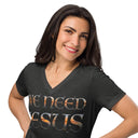 model wearing Women’s We Need Jesus Sunset V-neck tee with lettering filled with a Mount Dora Florida sunset photograph