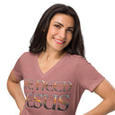 model wearing Women’s We Need Jesus Sunset V-neck tee with lettering filled with a Mount Dora Florida sunset photograph