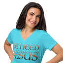 model wearing Women’s We Need Jesus Sunset V-neck tee with lettering filled with a Mount Dora Florida sunset photograph