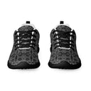 Front view of women’s sneakers with monochrome dahlia pattern — Victoria Island Monochrome Charm - black soles