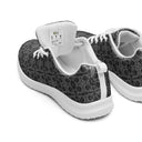 Back tongue view of women’s sneakers with monochrome dahlia pattern — Victoria Island Monochrome Charm - white soles