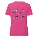 ghost back of berry Back of women’s We Need Jesus Sunrise V-neck tee reading For Heaven’s Sake with sunrise-filled lettering