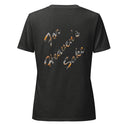 dark grey heather Back of women’s We Need Jesus Sunset V-neck tee reading For Heaven’s Sake with sunset-filled lettering