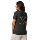 dark grey heather Back view of model wearing women’s We Need Jesus Sunset V-neck tee reading For Heaven’s Sake with sunset-filled lettering