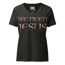 dark grey heather ghost of Women’s We Need Jesus Sunset V-neck tee with lettering filled with a Mount Dora Florida sunset photograph