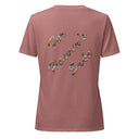 mauve Back of women’s We Need Jesus Sunset V-neck tee reading For Heaven’s Sake with sunset-filled lettering