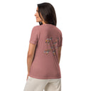 mauve Back view of model wearing women’s We Need Jesus Sunset V-neck tee reading For Heaven’s Sake with sunset-filled lettering