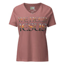 mauve ghost of Women’s We Need Jesus Sunset V-neck tee with lettering filled with a Mount Dora Florida sunset photograph