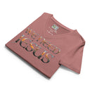 mauve flat view of Women’s We Need Jesus Sunset V-neck tee with lettering filled with a Mount Dora Florida sunset photograph
