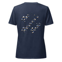 heather navy ghost of Back of women’s We Need Jesus Sunrise V-neck tee reading For Heaven’s Sake with sunrise-filled lettering