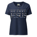 heather navy ghost of Women’s We Need Jesus Sunrise V-neck tee with lettering filled with an Aruba sunrise photograph